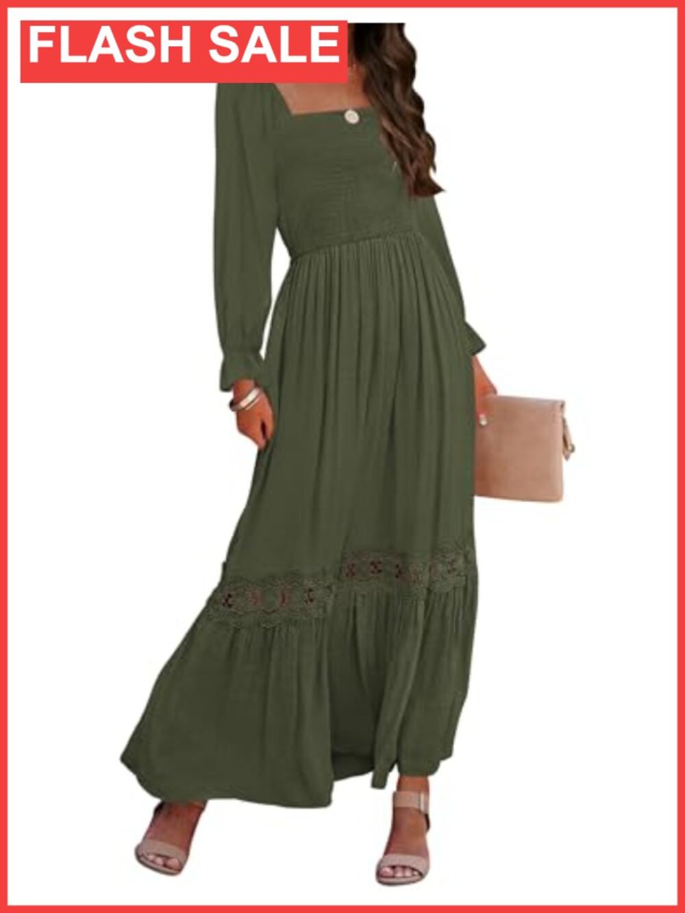 Women's Boho Long Sleeve Maxi Dress with Smocked Bodice and Lace Trim